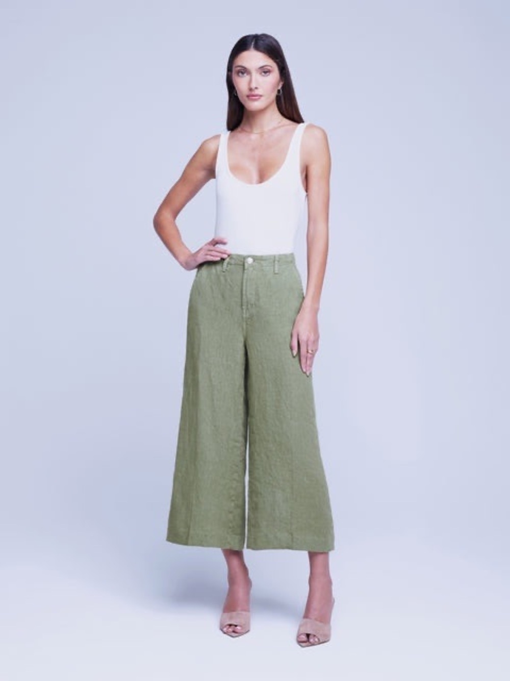 L'AGENCE Henderson Linen Hi Rise Crop Wide Leg Army - Picture 1 of 5